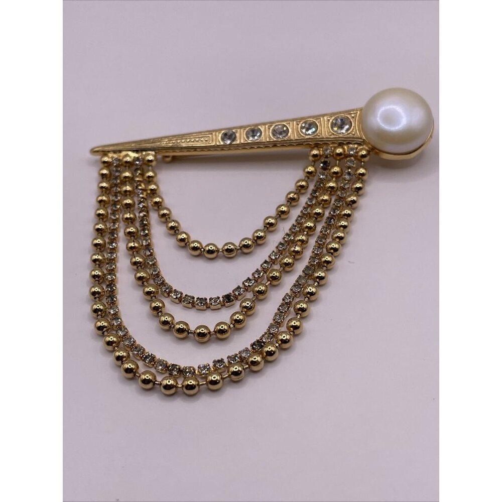 Kirks Folly Clear Rhinestone Faux Pearl Chain Dangle Bar Brooch Pin Gold Tone